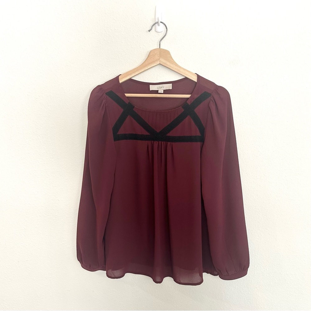 Loft Women’s Sheer Blouse, Deep Wine color with Black Accents, Size S
